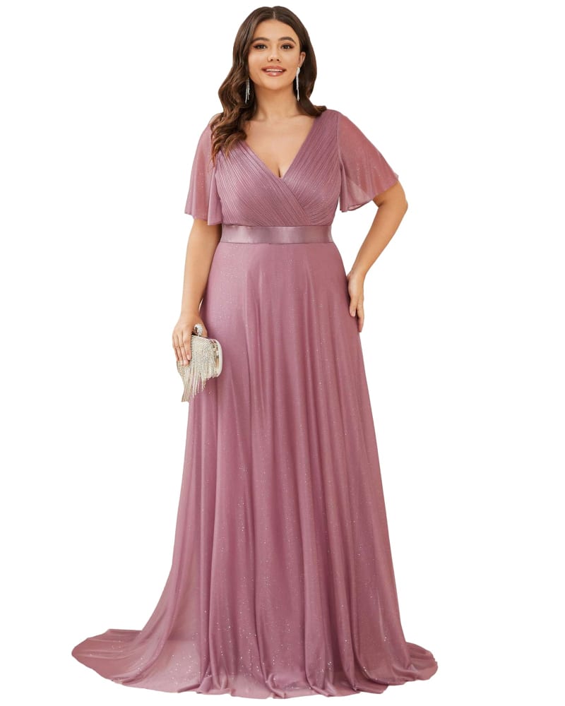 Front of a model wearing a size 24 Short Sleeve V-Neck Ribbon Waist A-Line Evening Dress in Purple Orchid by Ever-Pretty. | dia_product_style_image_id:283659